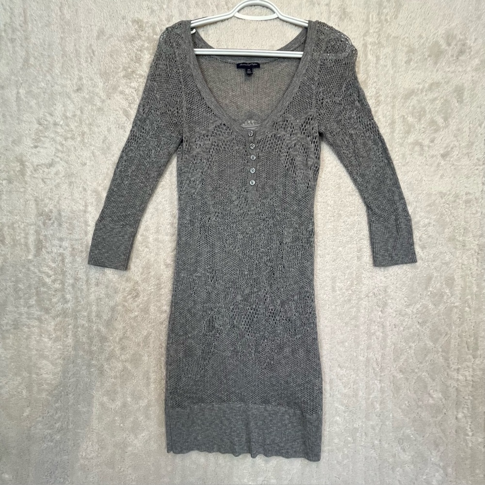 Y2K Vintage American Eagle Boho Gray Crochet Knit Dress Sz M Slip Midi Pointelle